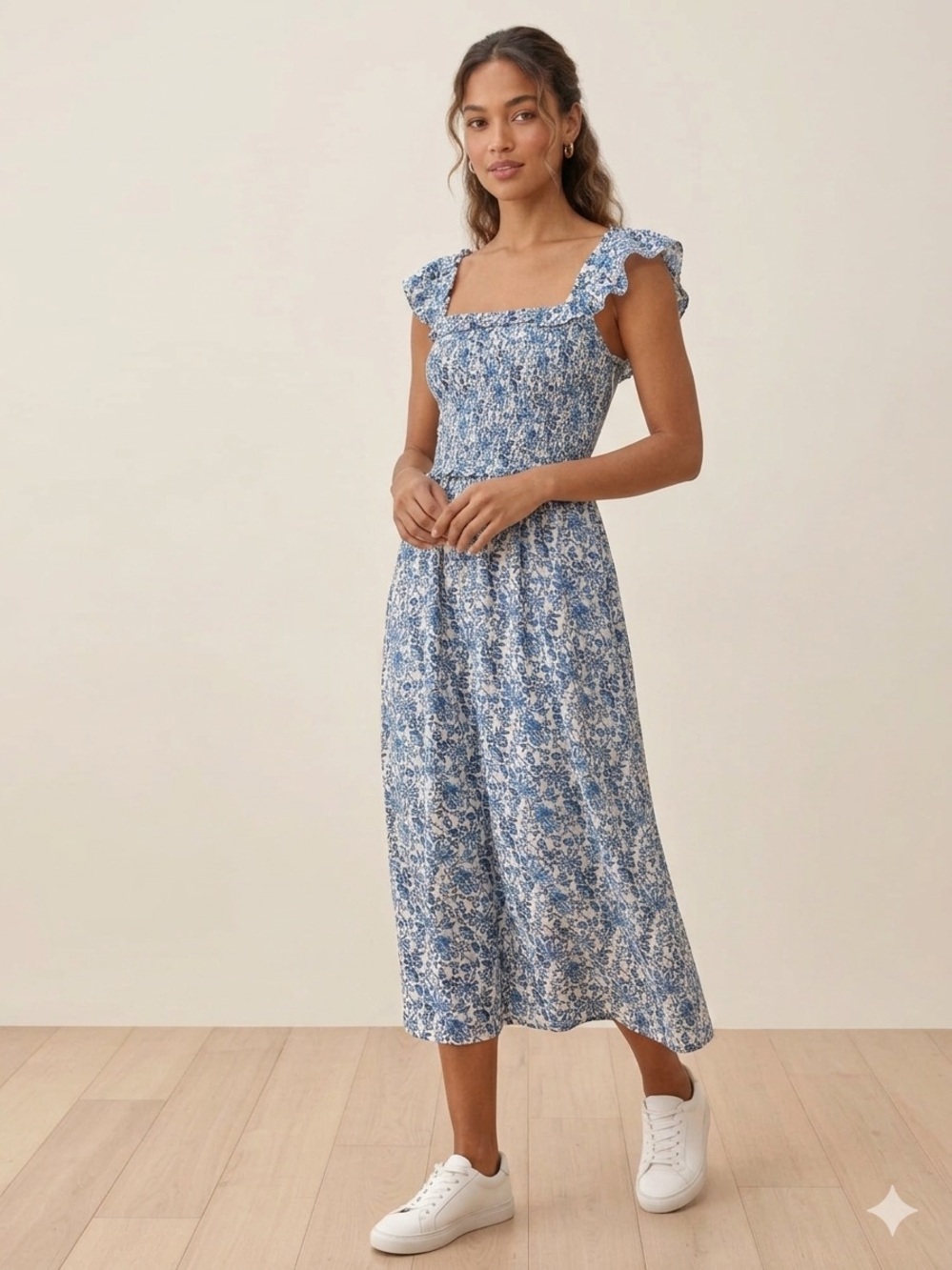 NWT Devoted Blue Floral Smocked Midi Dress Small